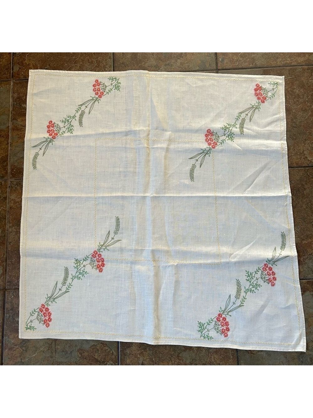 Vintage Tablecloth Linen Embroidered Floral Cottage Core Pink 33x34”